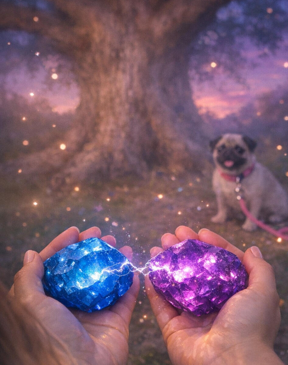 twilight_anatar Girl holding two stones. One blue, the other purple. The stones emit slight sparks of electricity. A large tree lies beyond where a dog (pug) sits patiently, his pink lead trailing.